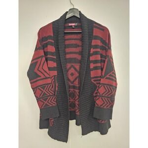 Say What Sweater Womens Medium Red Black Aztec Open Front Knit Cardigan